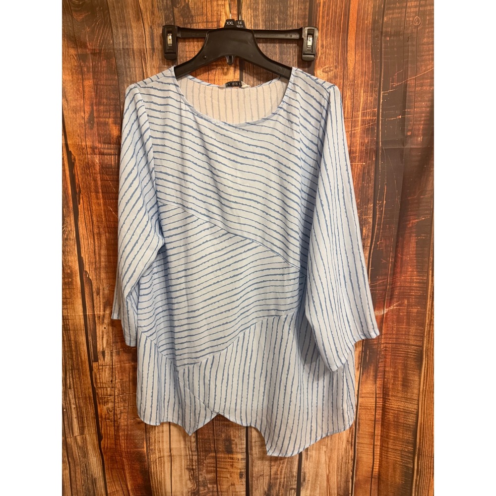 Tendency Womens Blue White Striped Asymmetrical Hem Blouse Top Size L New